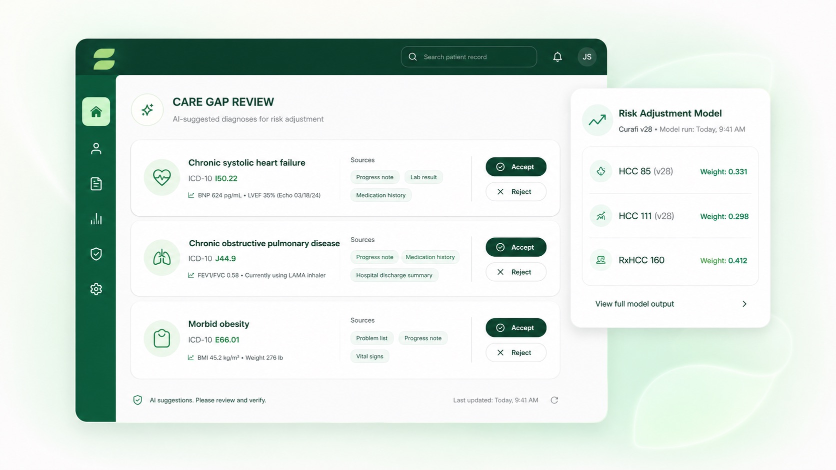 RxHCC Recommendation Engine — point-of-care code suggestions with projected score impact